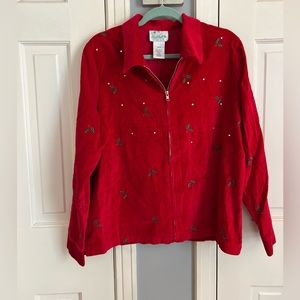 Women’s Sz Large Quacker Factory Holly Print Velvet Jacket Top Zip Front